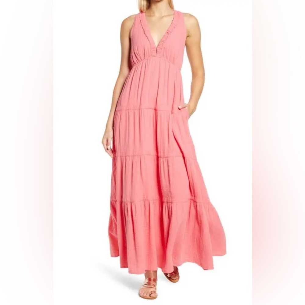 BTFL-LIFE Tiered Cross Back Cotton Gauze Maxi‎ Dress Pink Size Small